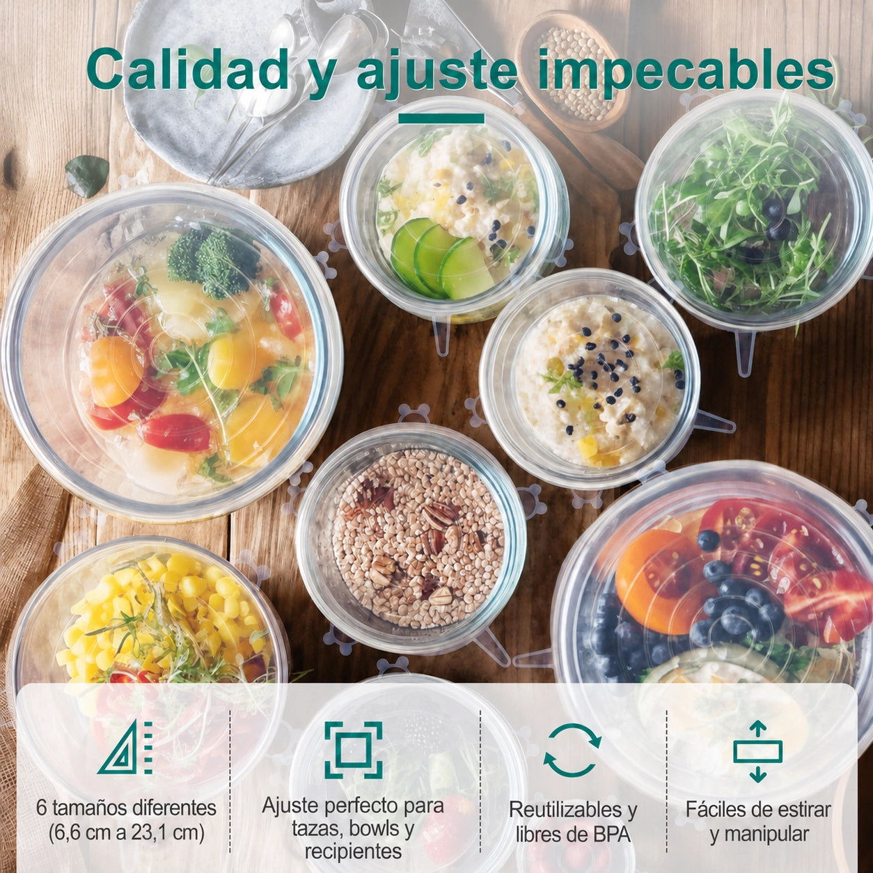 Set 6 Tapas Silicona Reutilizables y Flexibles - Libre de BPA