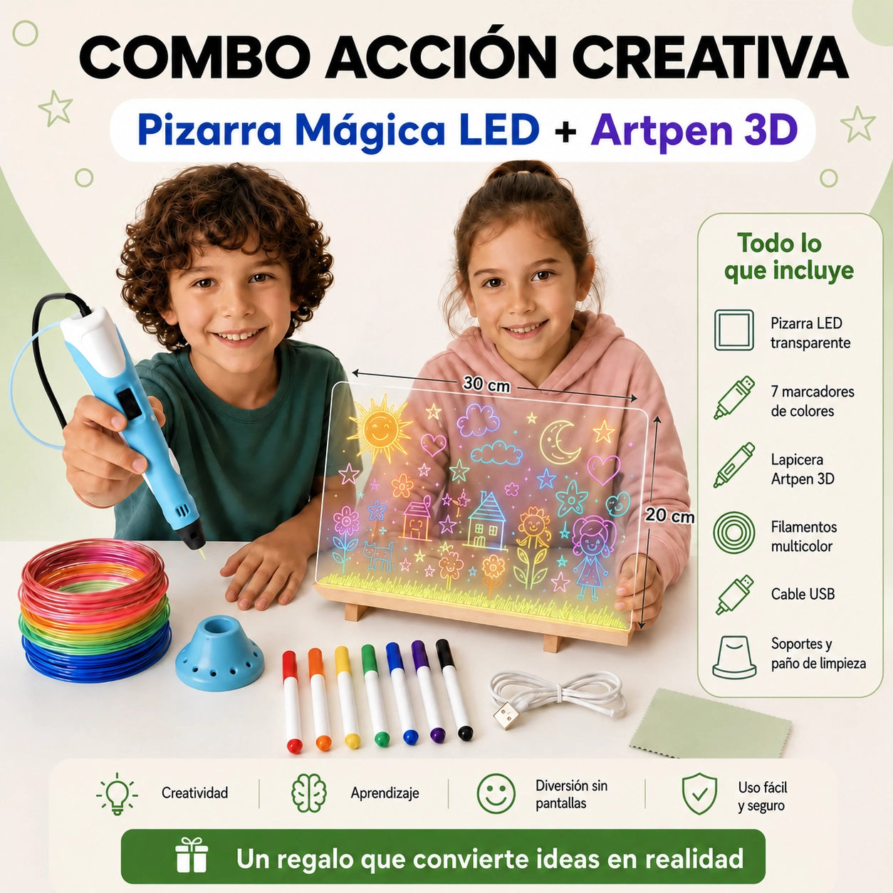 COMBO LÁPIZ 3D + PIZARRA LED